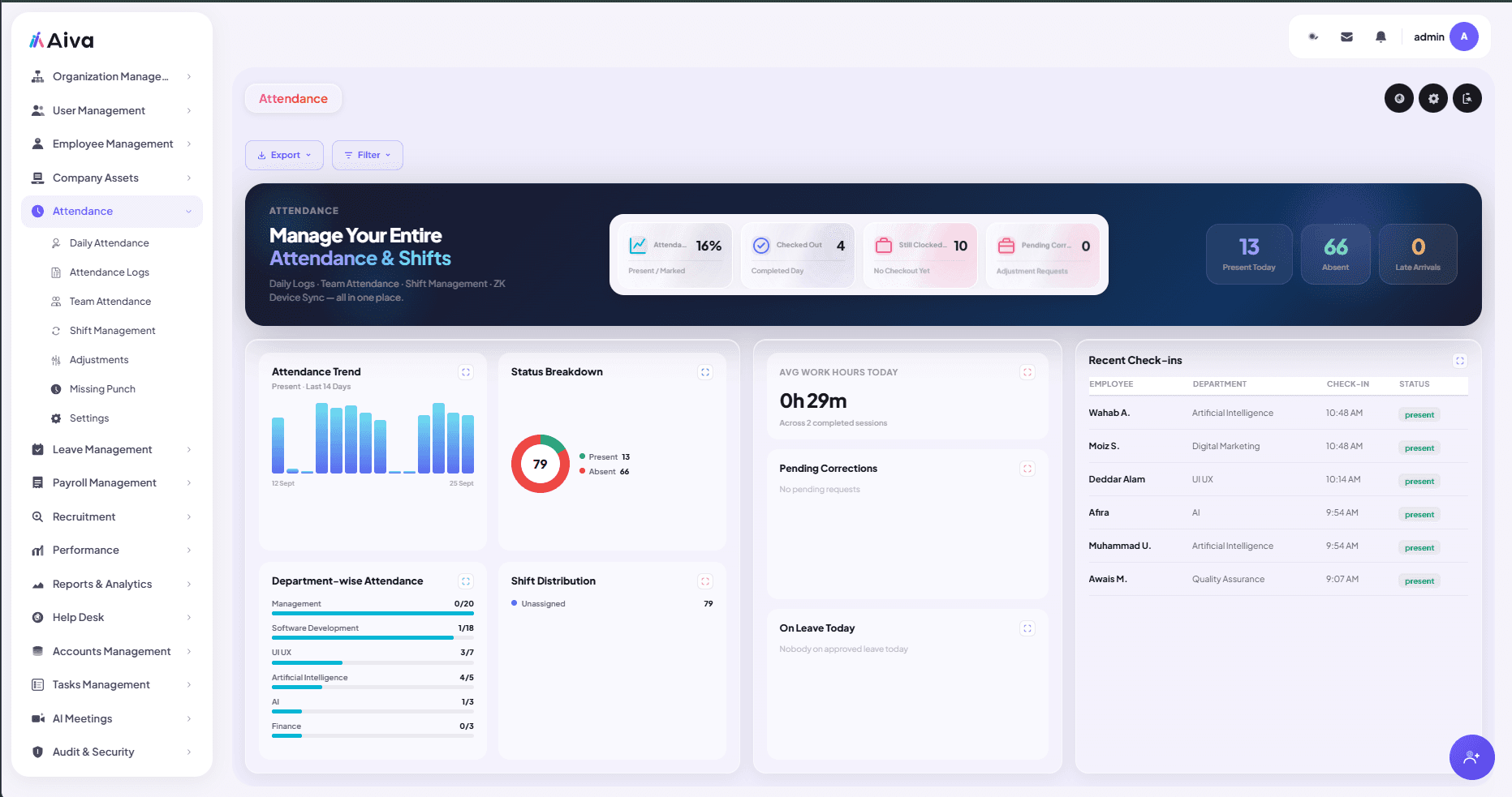 AIVA attendance tracking screen